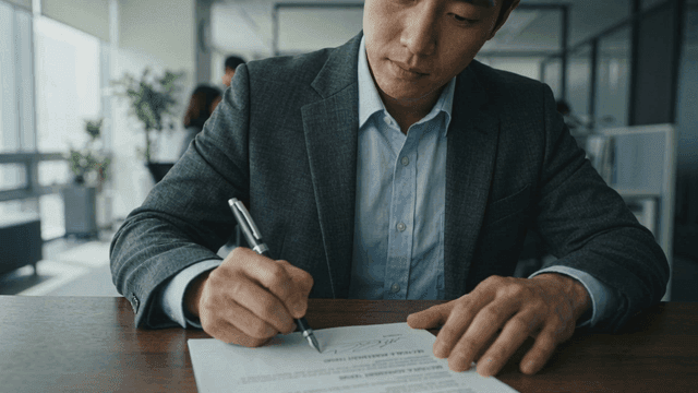 Male office worker signing documents in office