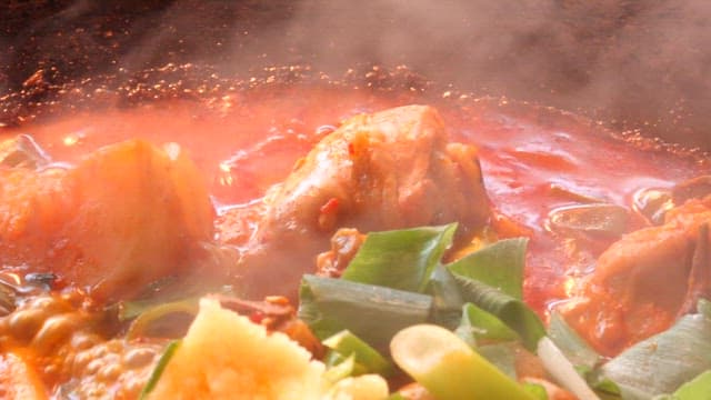 Hearty braised chicken stew with steam rising from it