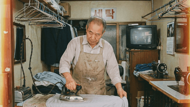 Old man ironing clothes in small shop
