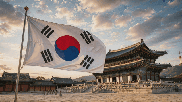 Korean flag waving at a traditional palace