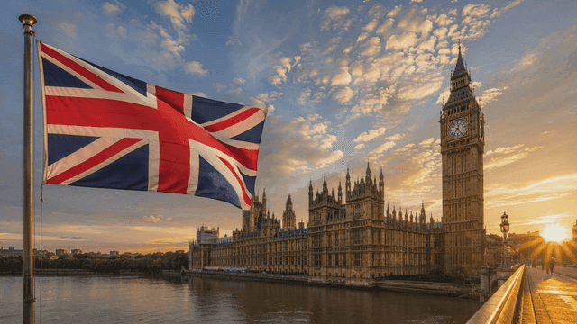 Big Ben and Union Jack flag illuminated by sunrise