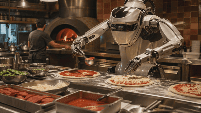 Robot making pizza in a restaurant kitchen