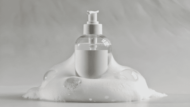 A bottle of liquid soap surrounded by foam