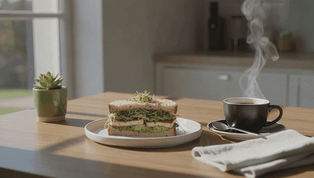 햇살이 비치는 테이블 위의 샌드위치와 커피