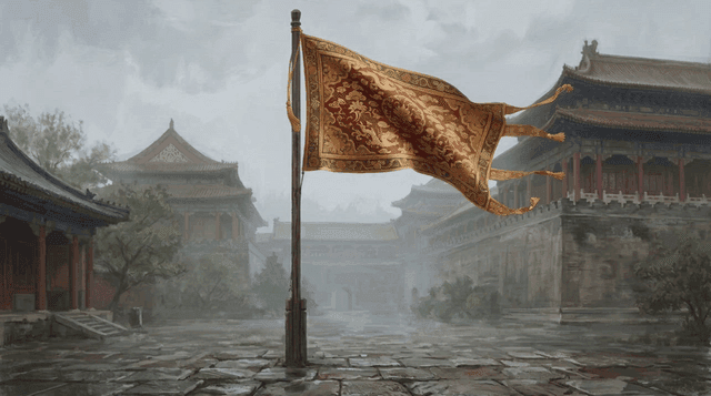 Ancient palace courtyard with a flag