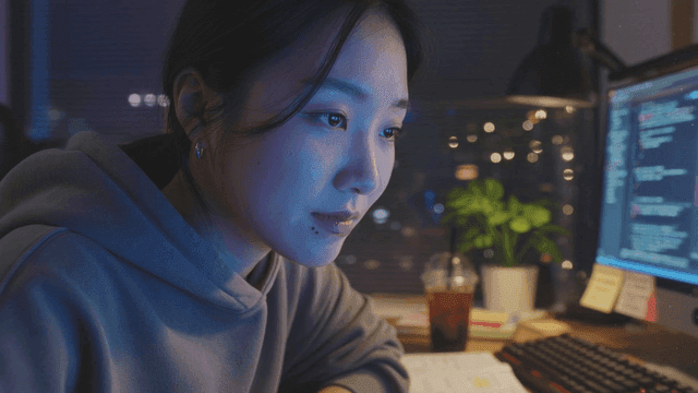 Female developer coding at her desk late at night