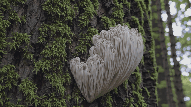 Moss and mushroom on a tree trunk