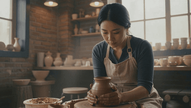 여성이 스튜디오에서 도자기를 만드는 모습