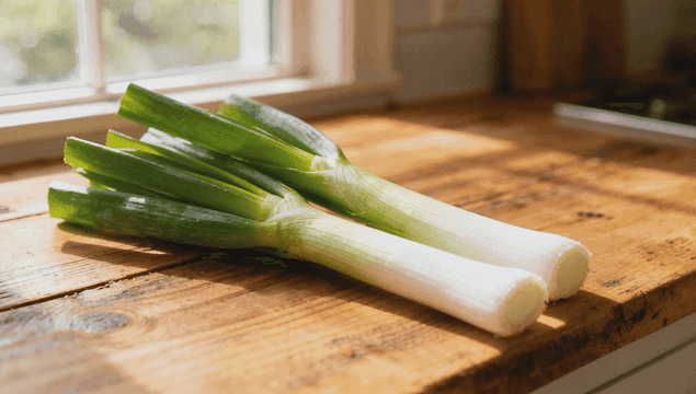 나무 테이블 위의 신선한 대파
