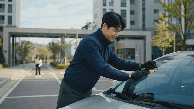 Security guard attaching parking sticker to car window
