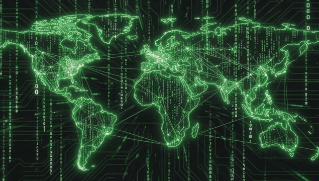 Digital world map with data streams