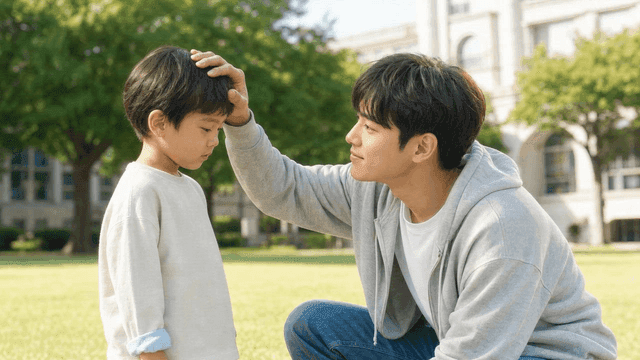 Man comforting child in park