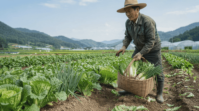 Farmer harvesting cabbage in field