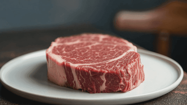 Marbled steak on white plate