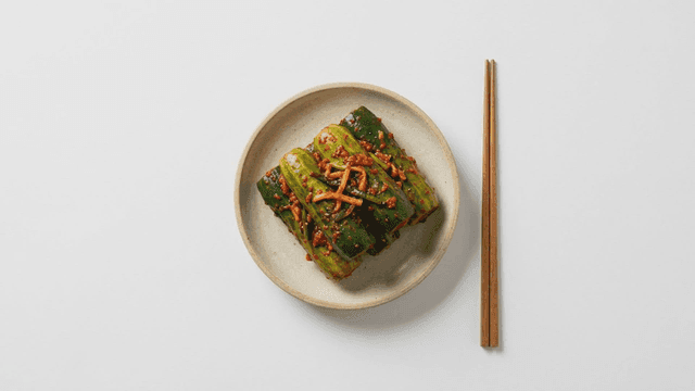 Cucumber kimchi neatly arranged on a plate