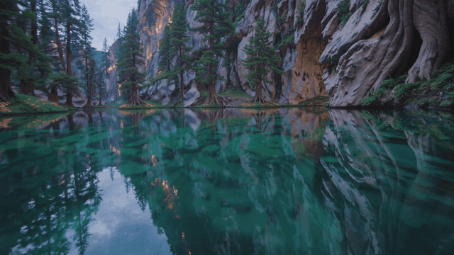 Tranquil river surrounded by towering cliffs and lush trees