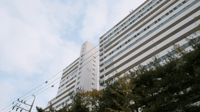 Tall apartment buildings with trees