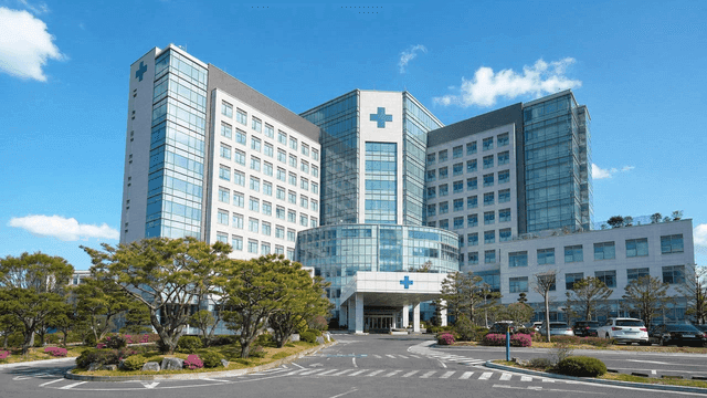 Modern hospital building with blue sky