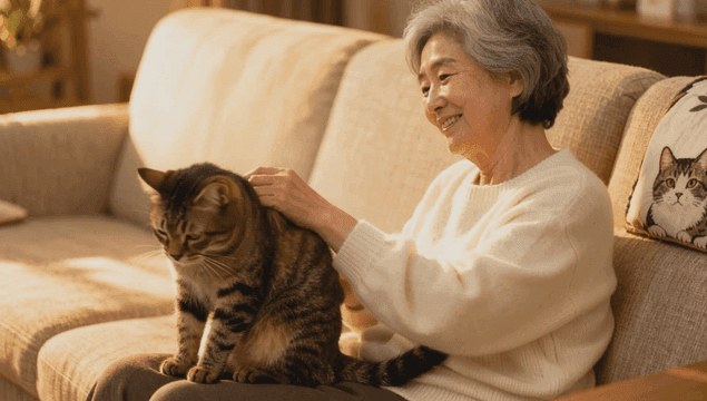 Elder brushing a cat on a living-room sofa