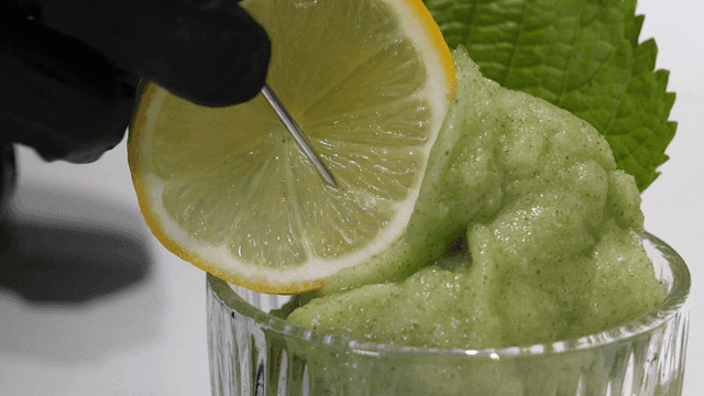 Refreshing green sorbet with lemon slice