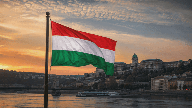 Hungarian flag waving by the river