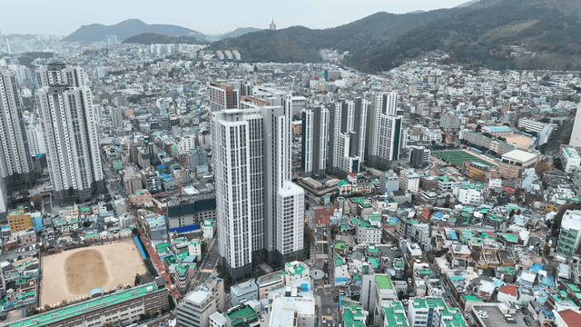 Bustling city with tall skyscrapers