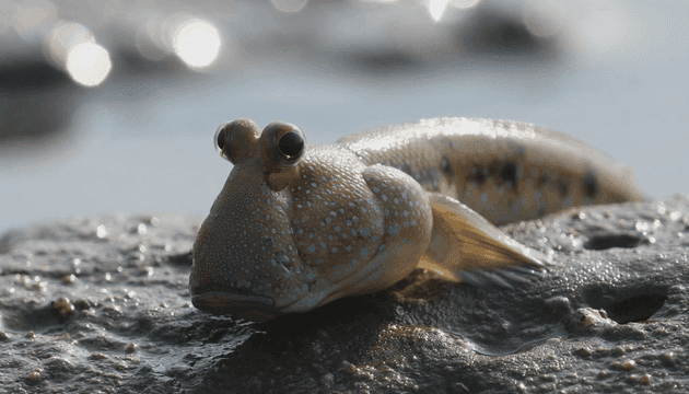 Mudskippers resting on wet mudflats