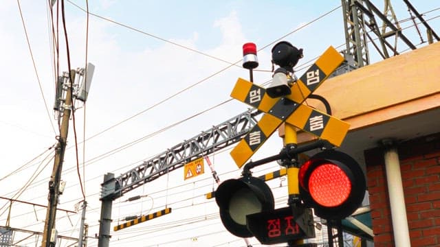 Red traffic light indicating a stop sign at a railroad crossing with trains running