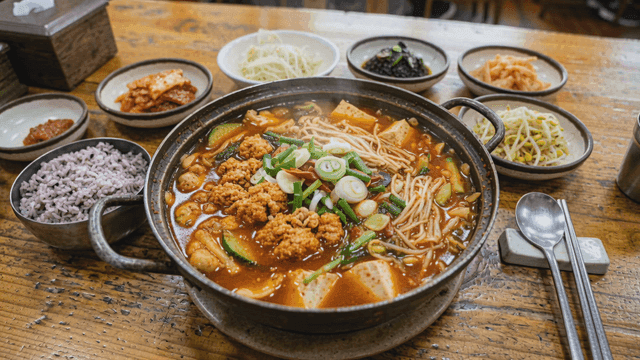 Table with kimchi stew and side dishes