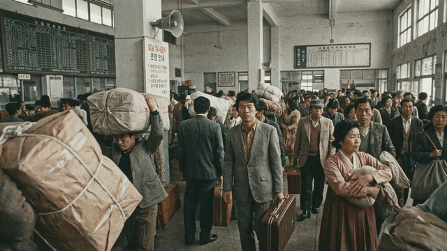 1970s bus terminal filled with people returning home for Lunar New Year