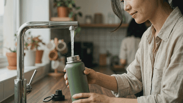 Woman filling water bottle in kitchen.