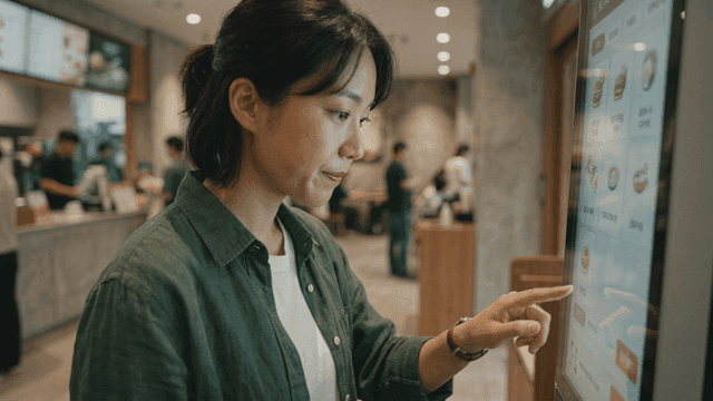 Woman ordering food at kiosk