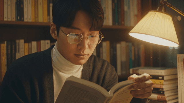 Person reading book in cozy library