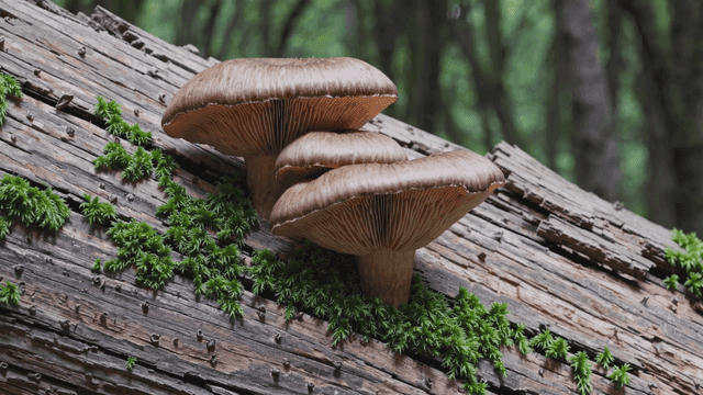 Mushrooms growing on a mossy log in a forest