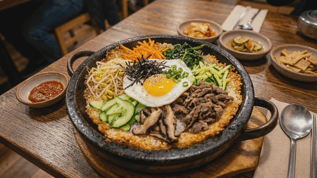 Hot stone pot bibimbap on table