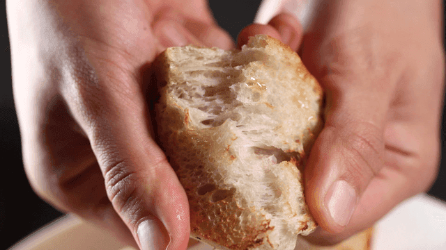 Hands tearing a piece of bread