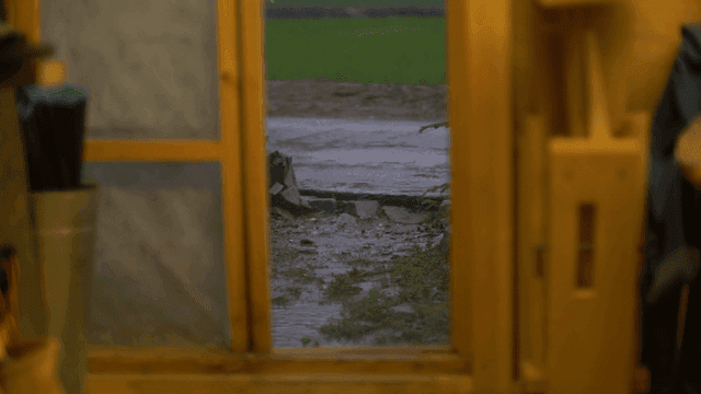 작업장 나무 문 넘어 보이는 비 오는 풍경