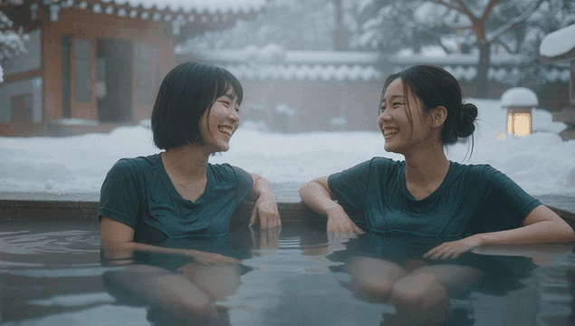 겨울 온천을 즐기는 두 여성