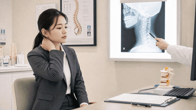 Working woman consulting doctor about neck pain