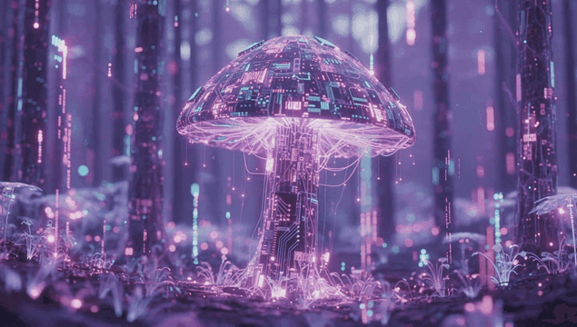 Digital mushrooms in futuristic virtual forest