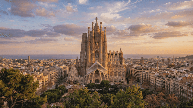 Magnificent cathedral in bustling European city landscape