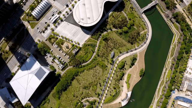 도시 공원과 강의 항공 뷰