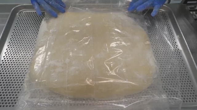 스테인리스 쟁반 위에서 발효를 준비하는 밀가루 반죽