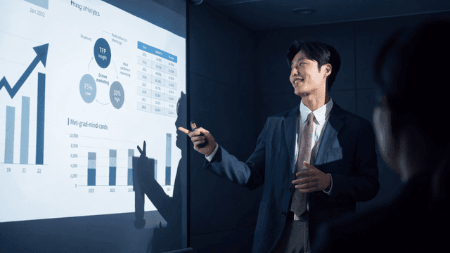 Male office worker giving business presentation with data charts