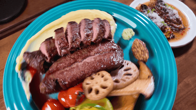 Plate with steak and vegetables