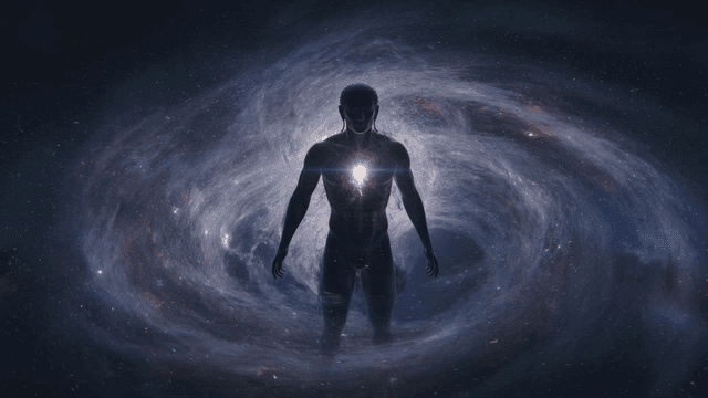 Figure standing in swirling galaxy