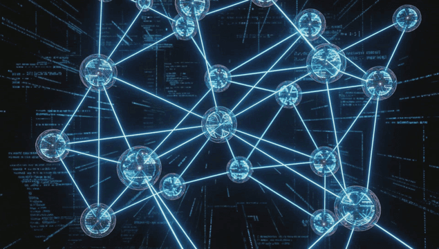 Digital network connections with glowing nodes