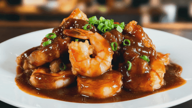 Chili shrimp in rich sauce garnished with green onions
