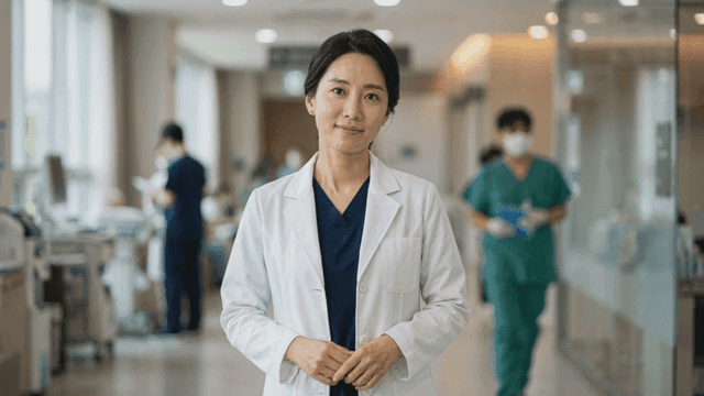 Female doctor smiling in hospital hallway