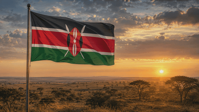 Kenyan flag waving at sunset over savannah